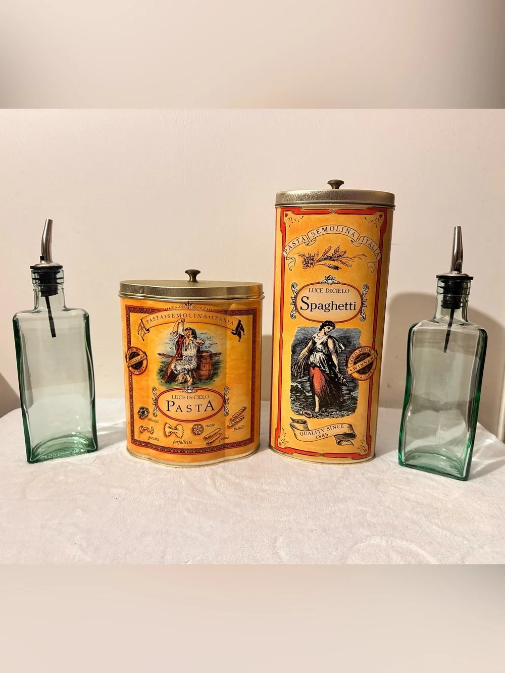 Luce DeCielo Bristolware Italian Canister Set Spaghetti & Pasta Tins w/Cruet Set